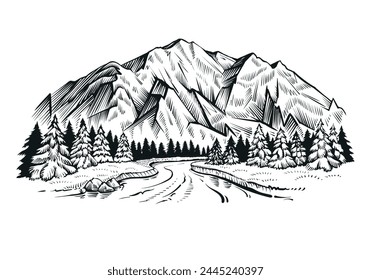 Mountain river with fir trees forest, landscape vector sketch.