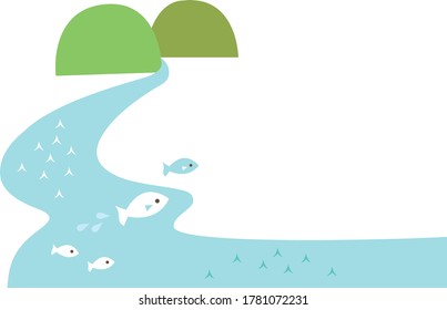 ilustración de montañas y ríos y peces