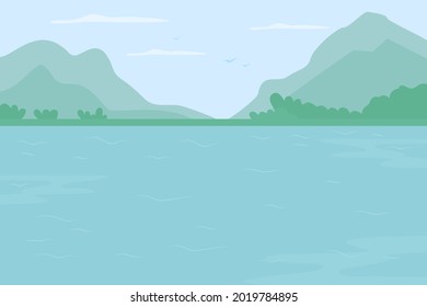 Mountain river flat color vector illustration. Outdoor recreation. Lake and surrounding hills. Wildlife habitat. Relaxing near water body 2D cartoon landscape with mountain ranges on background