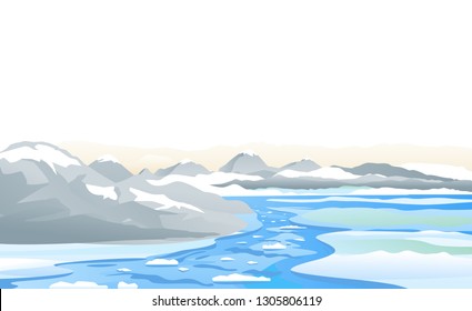 Mountain river flow with ice near rocks, spring nature landscape illustration, water flow in melting river among ice coast near mountains