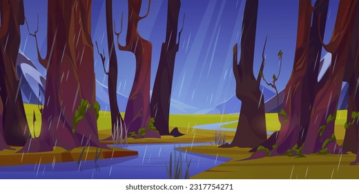 Mountain river flowing in forest. Vector cartoon illustration of rainy spring weather, green summer landscape with wet trees, stormy blue sky, stream or brook in valley, beautiful nature