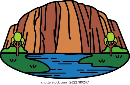 Uma montanha com um rio fluindo através dela. A montanha é marrom e o rio é azul. A cena é pacífica e serena