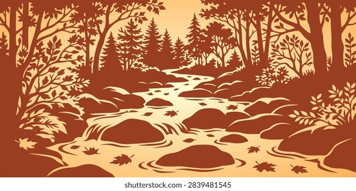 Mountain river flowing through a rocky forest in silhouette illustration