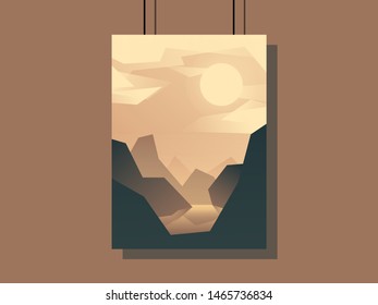 Mountain river fog vector illustration sunset