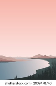 Mountain river with a gentle shore, which is covered with coniferous forest. Outlines of mountains and hills in the evening twilight. Background for poster, cover, screensaver. Tourism concept. Vector