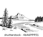 Mountain river graphic art black white landscape sketch illustration vector