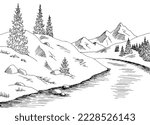 Mountain river graphic black white landscape sketch illustration vector 