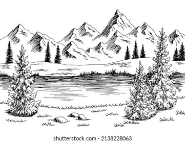 Mountain River Graphic Black White Landscape Sketch Illustration Vector 