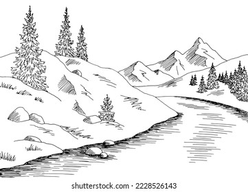 Mountain river graphic black white landscape sketch illustration vector 