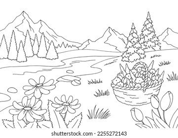 Dibujo gráfico del paisaje blanco negro del río de montaña vector 