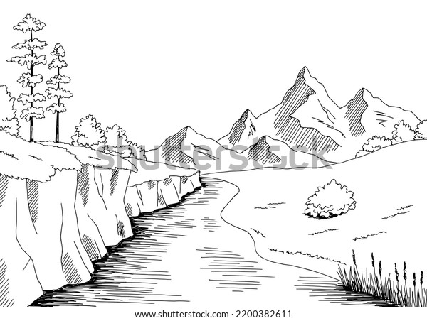 Mountain River Graphic Black White Landscape Stock Vector (Royalty Free ...