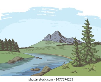 Mountain river graphic color landscape sketch illustration vector