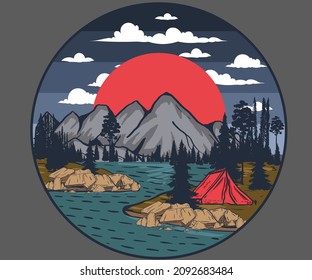 Mountain river graphic print design. Camping artwork for apparel, sticker, batch, background, poster and others.