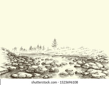 Mountain river hand drawing. Water flow border