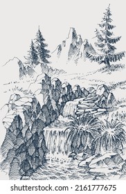 Mountain river hand drawing. Water flow, rocks and nature landscape sketch