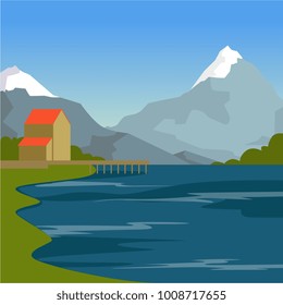 Mountain river, house and mountains, summer landscape, nature background vector illustration