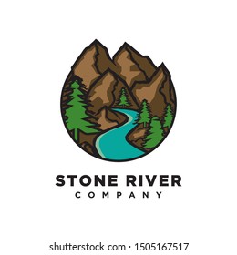 mountain with river illustration logo design template.Creative landscape stone inspiration