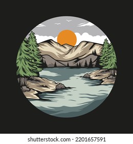 Mountain and river illustration, vintage style, for printing and other uses.