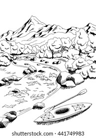 Mountain river kayak boat graphic art black white landscape illustration vector
