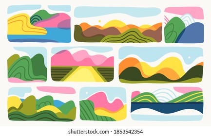 Mountain, river, lake, hills, sky view. Flat Abstract design. Cutout style. Various landscapes. Set of hand drawn trendy Vector illustrations. Wallpaper Templates. Different backgrounds. Bright colors