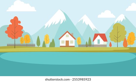 Mountain River Lake Landscape with Home House in Bright Sky in Autumn Fall Season