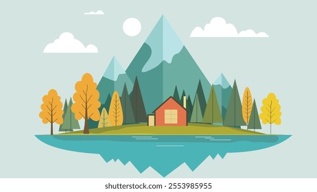 Mountain River Lake Landscape with Home House in Bright Sky in Autumn Fall Season