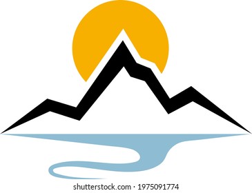 mountain, river or lake and sunshine, sunrise, simple icon or logo, vector illustration