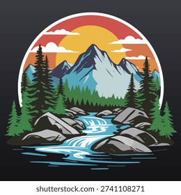 Mountain River Landscape Badge with Forest and Sunset in Outdoor Adventure Style