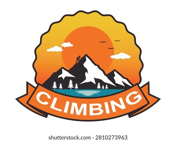 Mountain River Landscape Badge with Forest and Sunset in Outdoor Adventure Style. Vector illustration.
