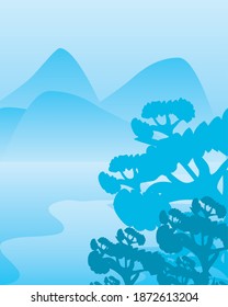 mountain river landscape with cloudy sky and silhouette of trees vector illustration