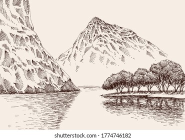 Gebirgslandschaft. Handgezeichnete Vektorgrafik von Gebirgsketten und fließenden Gewässern
