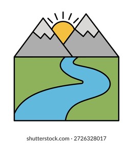 Ícone de paisagem de rio de montanha representando cenário natural, ambientes de água doce e destinos de viagem pacíficos.