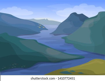 Mountain and river landscape. Morning nature, blue sky and water. Outdoor panoramic view. Majestic scenery, calm environment.