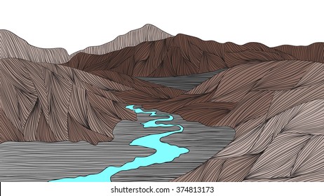 Mountain and river landscape outline hand draw