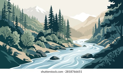 Mountain River Landscape with Pine Forest and Rocks — Flat Vector Nature Illustration Poster Background