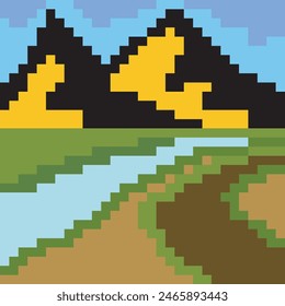Paisaje de montaña y río en estilo pixel art