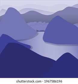 
Mountain and river landscape vector illustration, beautiful nature, beautiful forest and mountains on horizon background.