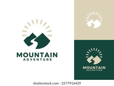 mountain river logo. abstract landscape adventure design vector graphic