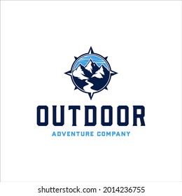 Mountain and river logo with compass badge retro style design