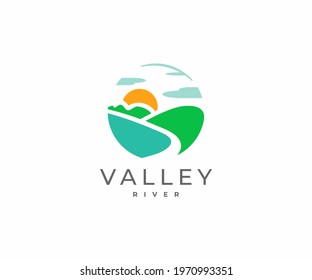 Mountain river logo design. River flowing between the green hills vector design. Colorful minimalist landscape logotype