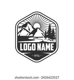 mountain river logo, nature landscape, camp logo