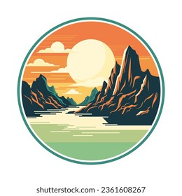 Mountain and River Logo Template. Nature Travel Emblem. Vector