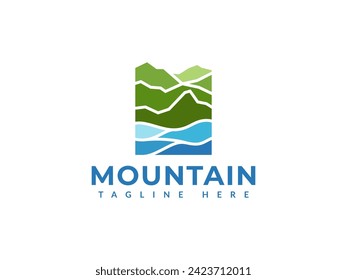 mountain with river logo vector illustration. valley water logo template