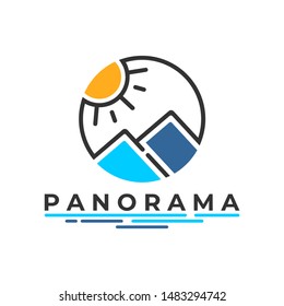 mountain and river logo.nature landscape vector illustration.hill/peak line art style.modern design concept.park/outdoor symbol