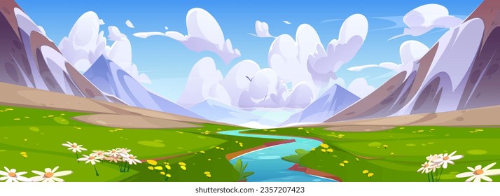 Mountain river nature landscape background scene. Green spring valley with chamomile flower and grass near rock range. Beautiful outdoor adventure alps environment with meadow and stream water.