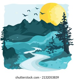 Ilustración de vectores panorámicos de montaña y río