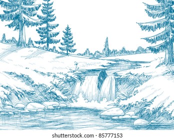 Mountain river pencil drawing