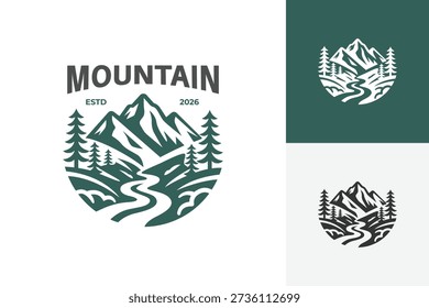Mountain River with Pine Tree Logo Icon Design. Vintage Outdoor Adventure Concept Symbol for Camping Brand, Hiking Club, Nature Park, and Landscape Identity Logo