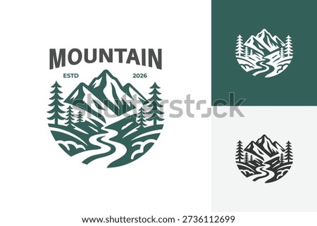 Mountain River with Pine Tree Logo Icon Design. Vintage Outdoor Adventure Concept Symbol for Camping Brand, Hiking Club, Nature Park, and Landscape Identity Logo