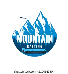 Mountain river rafting icon. Outdoor recreation and leisure in wild nature, extreme water sport vector emblem, blue icon with rafting inflatable boat on mountain river or lake and pine forest trees